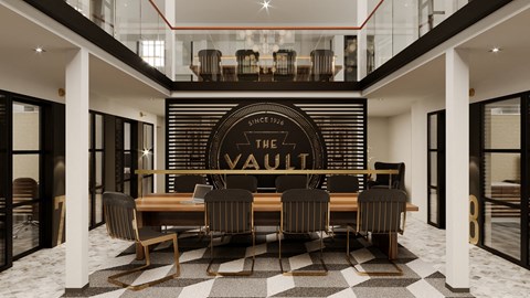 a dining room with a table and chairs in front of a restaurant sign
