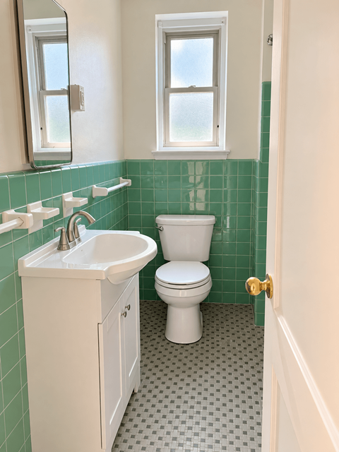 A white toilet sits in a bathroom with green tiles.