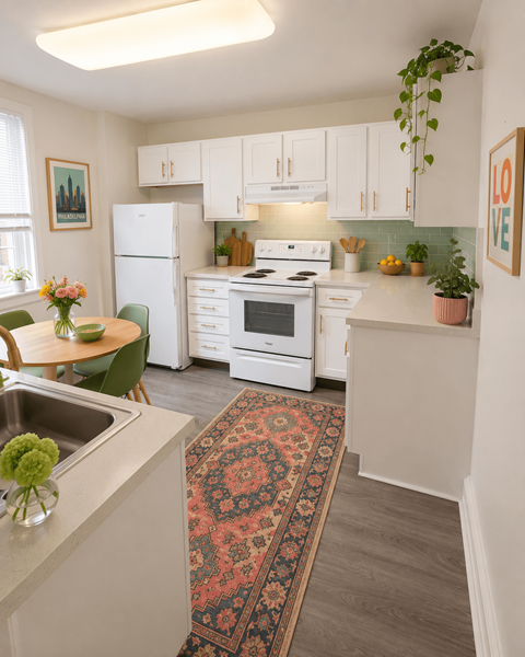 A kitchen with white appliances and a rug on the floor.