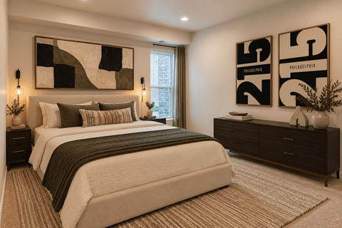 A bedroom with a large bed and a painting on the wall.