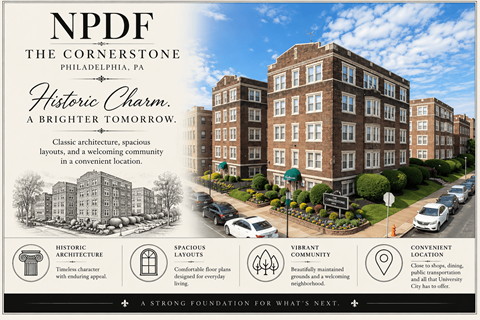 A poster advertises The Cornerstone in Philadelphia, PA, highlighting its historic charm, spacious layouts, vibrant community, and convenient location.