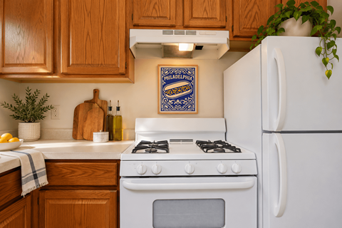 A white stove and refrigerator in a kitchen with wooden cabinets.