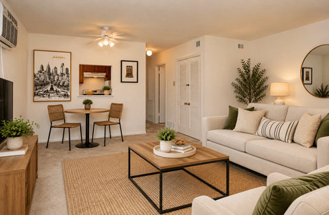 A living room with a white couch, a coffee table, and a dining table with chairs.
