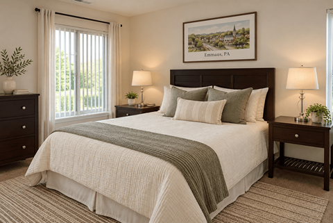 A bedroom with a large bed, two lamps, and a painting on the wall.
