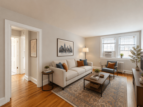 A living room with a white couch, a coffee table, and a painting on the wall.