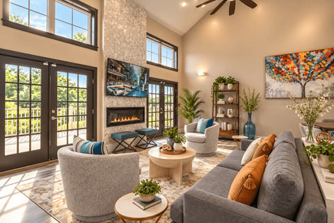 A living room with a grey couch and a fireplace.