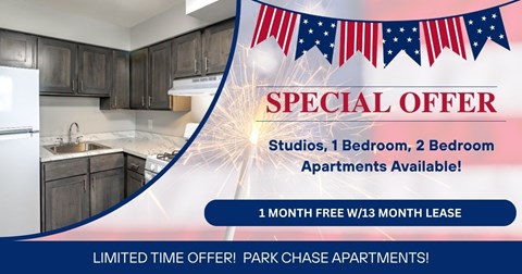 A promotional image for a special offer on apartments at Park Chase.