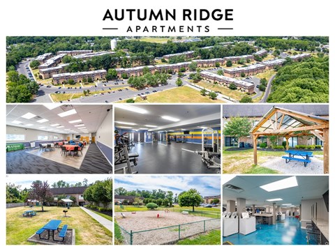 A collage of images showcasing the interior and exterior of Autumn Ridge Apartments.
