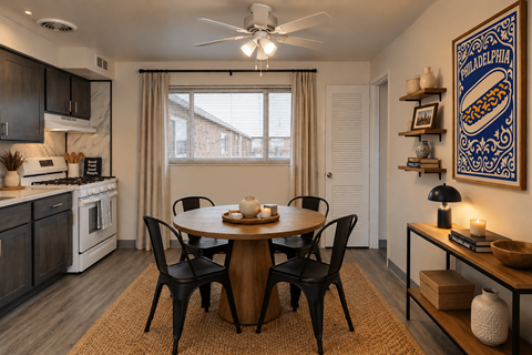 A dining room with a table set for four.