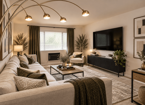 A living room with a grey sofa, a coffee table, a TV, and a fireplace.