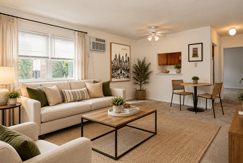 A living room with a white couch, a coffee table, and a dining table with chairs.