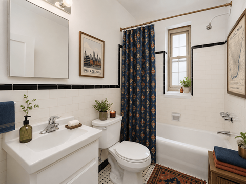 A bathroom with a white sink, toilet, and bathtub.