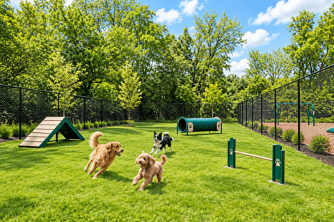 Two dogs playing in a green field with a fence in the background.