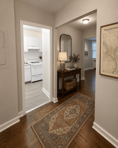 A hallway with a rug on the floor and a map on the wall.