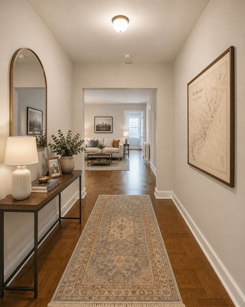 A long hallway with a rug on the floor and a painting on the wall.