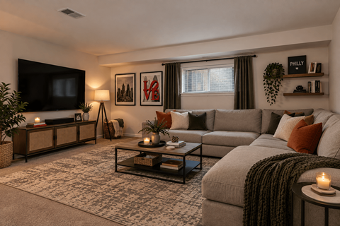 A living room with a grey couch, a coffee table, and a TV on the wall.