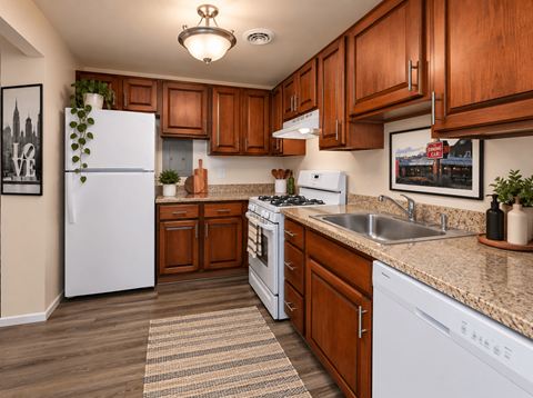 A kitchen with white appliances and wooden cabinets.