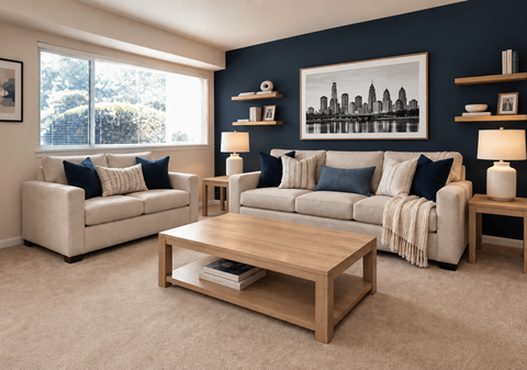 A living room with a large window, two couches, a coffee table, and a city skyline picture on the wall.