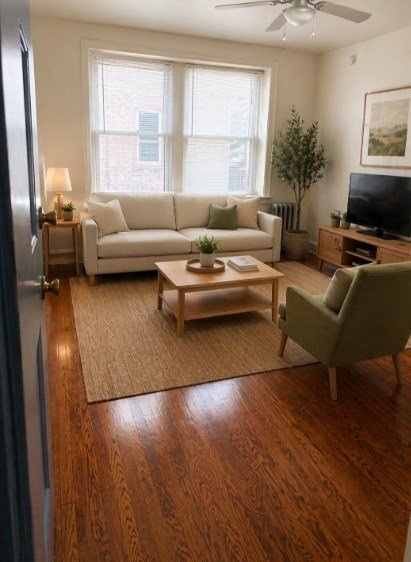A living room with a white couch, a green chair, a coffee table, and a flat screen TV.