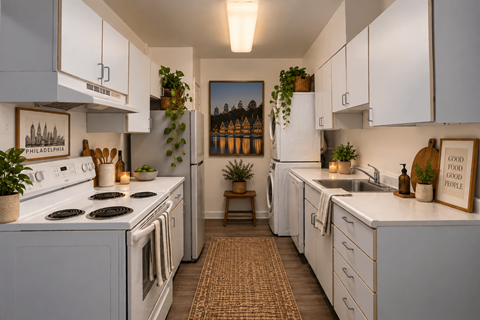 A kitchen with white appliances and cabinets, a rug on the floor, and a painting on the wall.