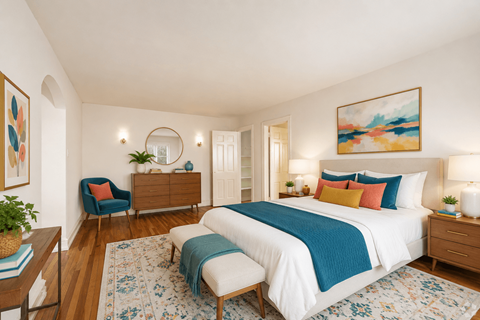 A bedroom with a large bed and a blue chair.