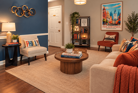 A living room with a blue wall and a painting of Philadelphia.