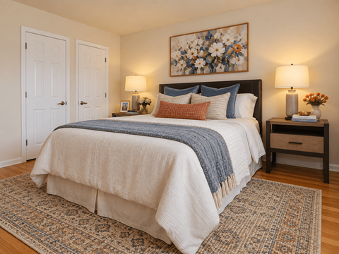 A bedroom with a large bed and a floral painting above it.