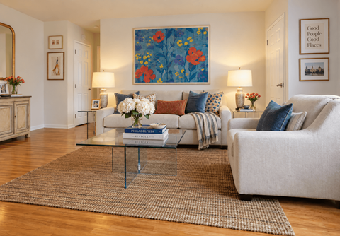 A living room with a white couch, a coffee table, and a painting on the wall.