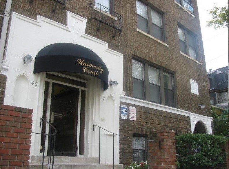 a building with an awning on the front of it