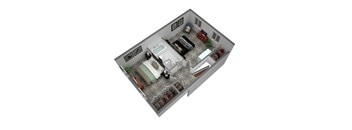 isometric drawing of a house floor plan with bedrooms and a living room