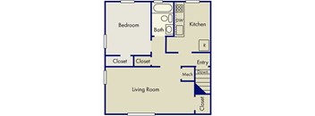 A floor plan of a living space with a bedroom, kitchen, and living room.