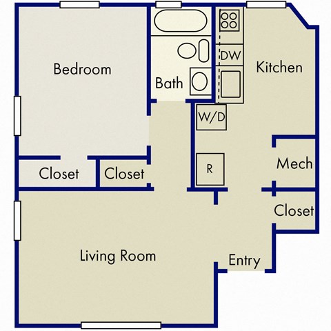 a floor plan of a room with a kitchen and a living room