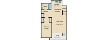 A floor plan of a house with a living room, dining room, kitchen, bath, bedroom, and patio.