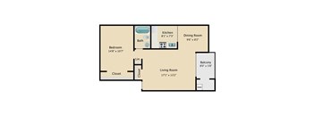 A floor plan of a living space with a bedroom, bath, kitchen, dining room, and balcony.