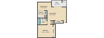 A floor plan of a living space with a kitchen, dining room, living room, and bathroom.