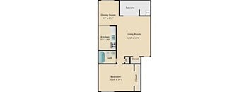 A floor plan of an apartment with a balcony, dining room, living room, kitchen, bath, and two bedrooms.