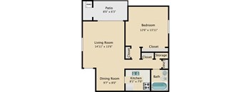 A floor plan of a house with a living room, dining room, kitchen, bedroom, and bathroom.