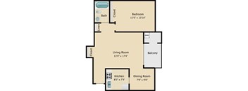 A floor plan of a home with a bedroom, living room, kitchen, dining room, and balcony.