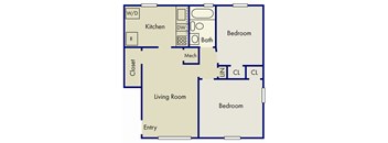 A floor plan of a house with a kitchen, living room, and two bedrooms.