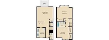 A floor plan of a two-bedroom apartment with a living room, dining room, kitchen, and bathroom.