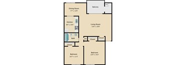 A floor plan of a house with a living room, two bedrooms, a kitchen, a bathroom, a dining room, and a balcony.