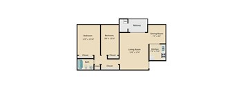 A floor plan of a house with two bedrooms, a living room, a dining room, a kitchen, a balcony, a bathroom, and a laundry area.