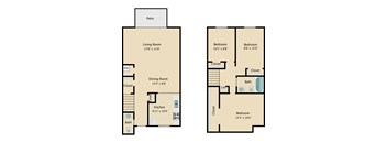 A floor plan of a house with two bedrooms, a living room, a dining room, a kitchen, and a patio.