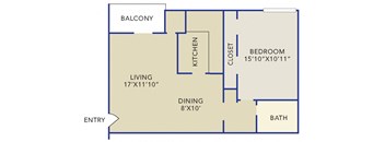 A floor plan of a house with a living room, dining room, kitchen, bedroom, bathroom, and balcony.