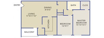 A floor plan of a house with a living room, kitchen, two bedrooms, a bathroom, and a balcony.