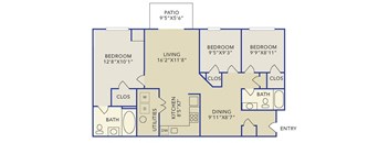 A floor plan of a house with a patio and four bedrooms.