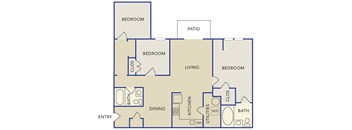 A floor plan of a house with labeled rooms such as bedrooms, a living room, a dining room, a kitchen, and bathrooms.