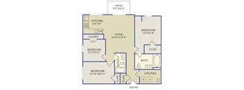 A floor plan of a house with a kitchen, living room, and three bedrooms.