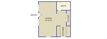 A floor plan of a small apartment with a living area, kitchen, and closet.
