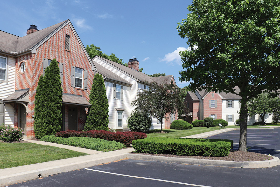 a row of houses on a street with trees and bushes